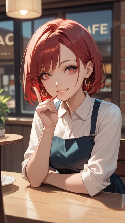 1 girl, solo, high resolution, Look to , smile, red eyes, accessories, earrings,  quick, red hair, Cafe,short bob,finger heart