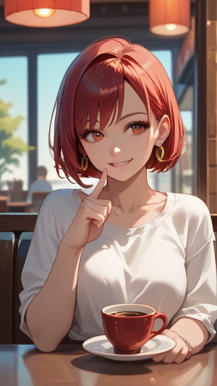 1 girl, solo, high resolution, Look to , smile, red eyes, accessories, earrings,  quick, red hair, Cafe,short bob,finger heart
