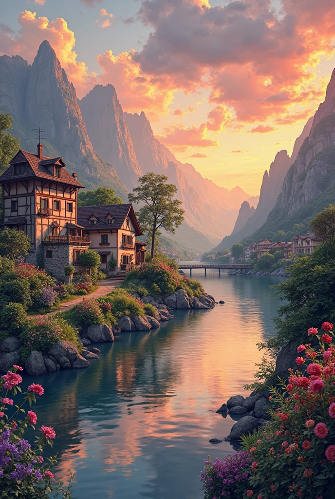 a small village by the river, mountains in the background, floral flowers colorful, detailed landscape, Beautiful natural landscapes, atmospheric lighting, scorching sunset, warm colours, practical, photopractical, Detailed Foliage, complex buildings, cobblestone street, Charming country house, swirly vibrant colors, lush vegetation, Still water reflections, Picturesque, idyllic, work of art, best qualityer, 8k, extremely detaild,anime styling