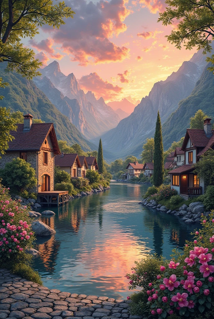 a small village by the river, mountains in the background, floral flowers colorful, detailed landscape, Beautiful natural landscapes, atmospheric lighting, scorching sunset, warm colours, practical, photopractical, Detailed Foliage, complex buildings, cobblestone street, Charming country house, swirly vibrant colors, lush vegetation, Still water reflections, Picturesque, idyllic, work of art, best qualityer, 8k, extremely detaild,anime styling