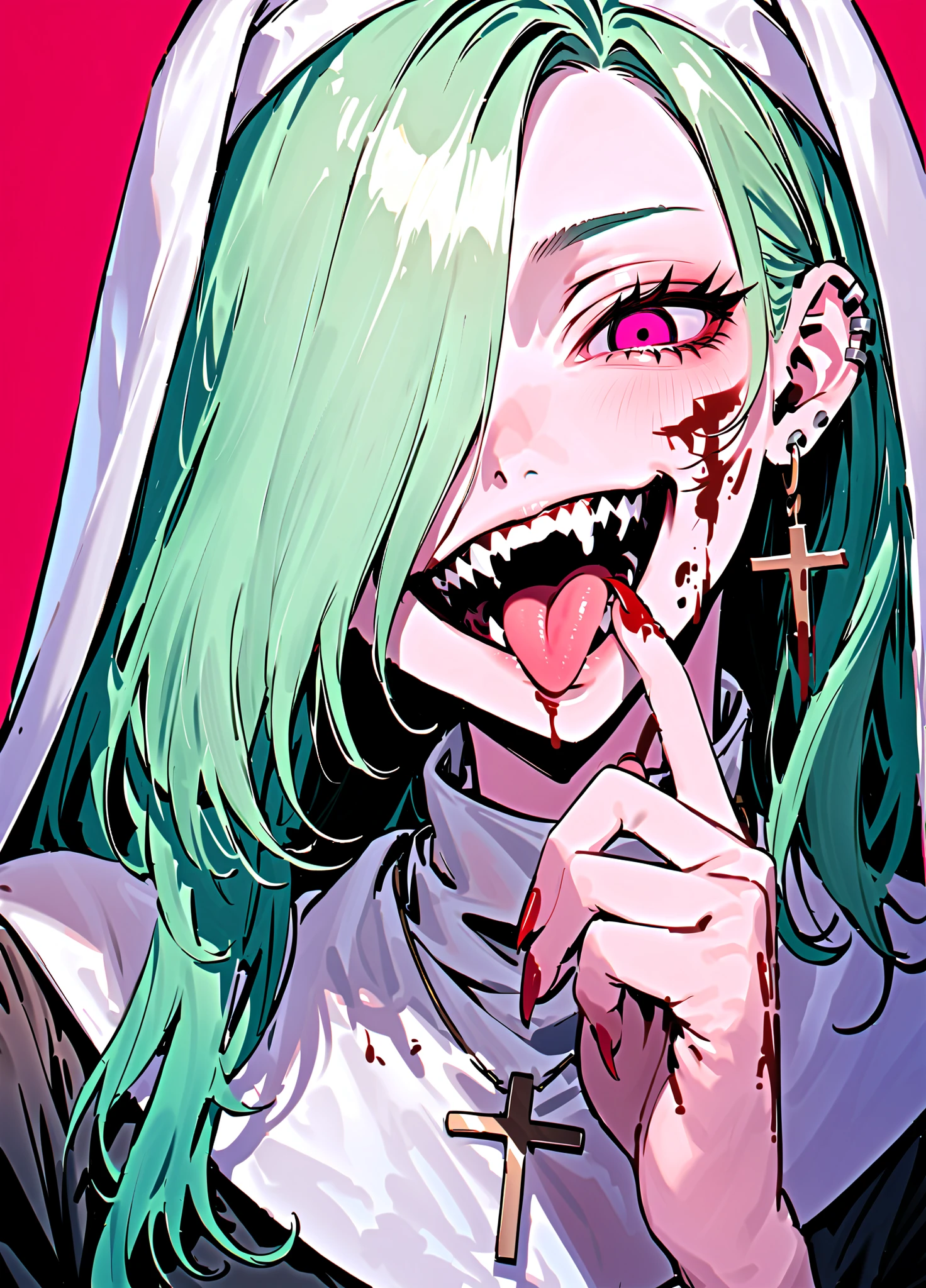 detailing, horror, madness, bloody, 1girl, blood, nun, solo, jewelry, red eyes, earrings, cross, tongue, blood on face, necklace, habit, open mouth, red background, fangs, blood on hands, looking at viewer, teeth, cross necklace, long hair, upper body, tongue out, fingernails, simple background, nail polish, licking finger, stitches, traditional nun, stud earrings, smile, red nails, inverted cross, black dress, piercing, ear piercing, dress, nemo anemo, short hair, green hair, pink eyes, hair over one eye, aqua hair, ahoge, small breasts