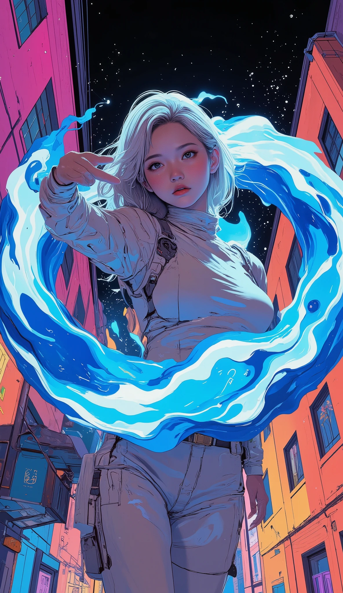 a cute woman, flying, lean forward, between colorful buildings, looking at viewer, futuristic white outfit, she extends her hand to viewer, beautiful face, innocent eyes, blonde hair, blue chromatic mists, a blue spiral dimensional gate appearing in the background, vapor gate with light particles, on night sky, vapor wave, (vaporwave style color: pink, purple, yellow, cyberpunk color lights), cinematic, very aesthetic, starry sky, swaying hair, delicate, high details, amazing quality, good quality, velvet_myst, anatomically correct, dynamic pose, dynamic angle, she is falling from the gate to the viewer, face focus. depth of field, centered composition.