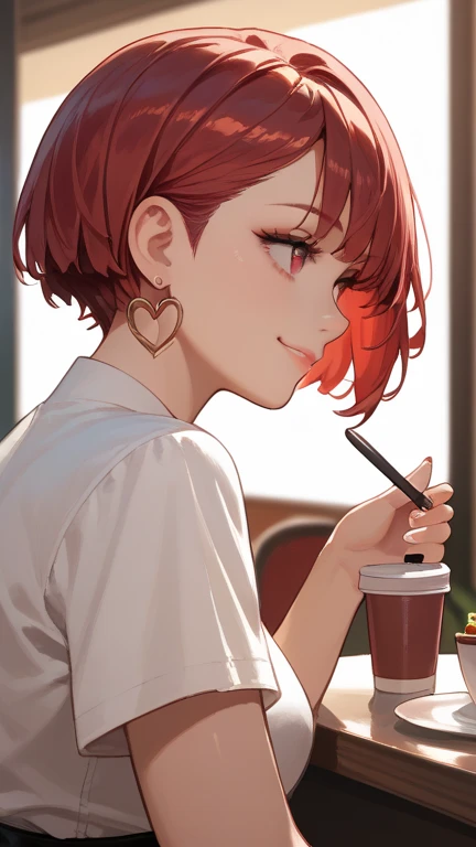 1 girl, solo, high resolution, Look to , smile, red eyes, accessories, earrings,  quick, red hair, Cafe,shortcut, heart with your finger
