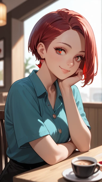 1 girl, solo, high resolution, Look to , smile, red eyes, accessories, earrings,  quick, red hair, Cafe,shortcut, heart with your finger