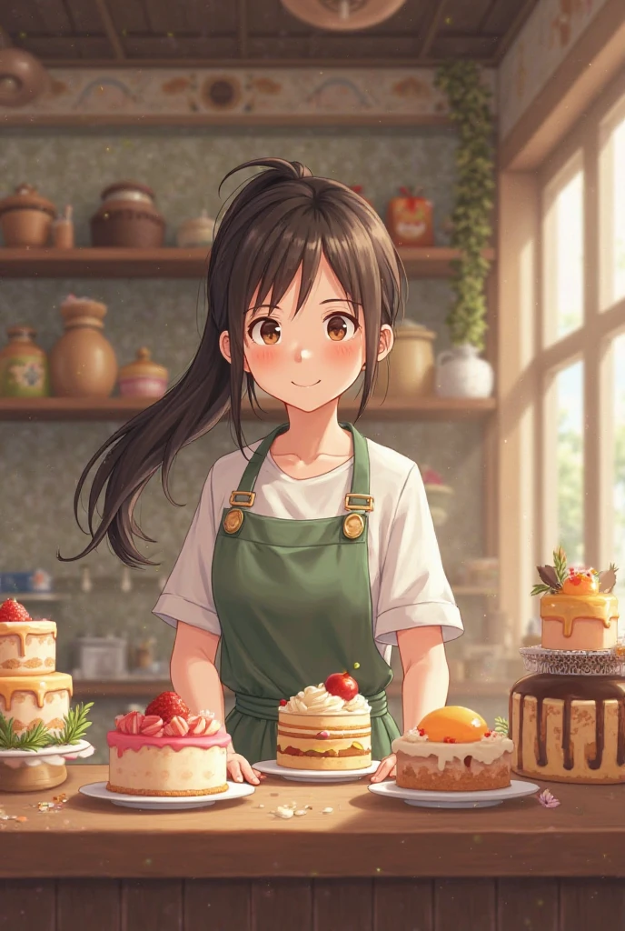 Ghibli、cafe clerk、 making cakes 、ponytail
