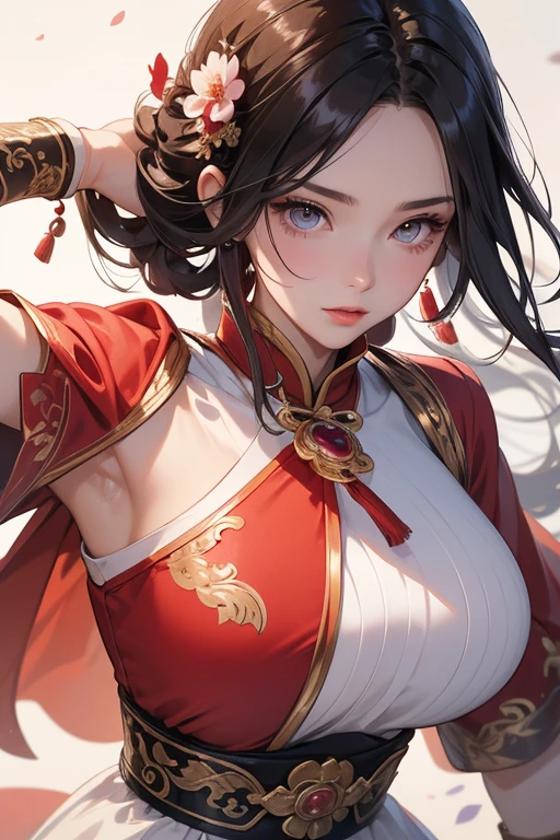 Close-up of a woman wearing a red dress and holding a sword, Magnificent Empress  ,Chinese warrior,Beautiful rendering of the Han dynasty, beautiful fantasy empress ,excellent work,Ancient Chinese Goddess,1 person,big-breasted dress, high-profile facial and skin textures,  and looking at the camera for a man looking at a woman's genitals,Perfect beauty: 1.4,  Fine Grain ,Double eyelids, White skin,top quality,  Ultra High Resolution ,  simple background, high quality 8k high detail images, The whole white dress, 