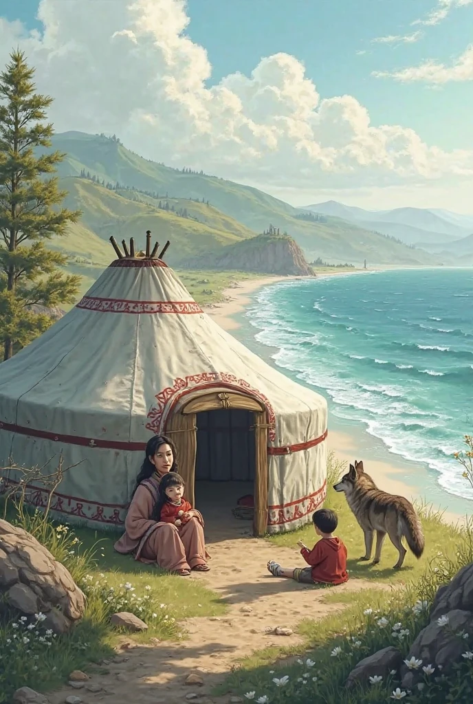 Yurt by the sea, 1 mom with 2 ren, Wolf