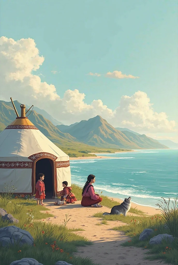 Yurt by the sea, 1 mom with 2 ren, Wolf