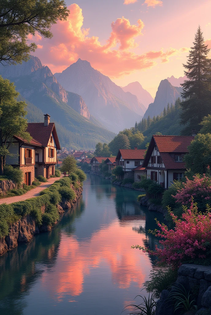 a small village by the river, mountains in the background, floral flowers colorful, detailed landscape, Beautiful natural landscapes, atmospheric lighting, scorching sunset, warm colours, practical, photopractical, Detailed Foliage, complex buildings, cobblestone street, Charming country house, swirly vibrant colors, lush vegetation, Still water reflections, Picturesque, idyllic, work of art, best qualityer, 8k, extremely detaild,anime styling