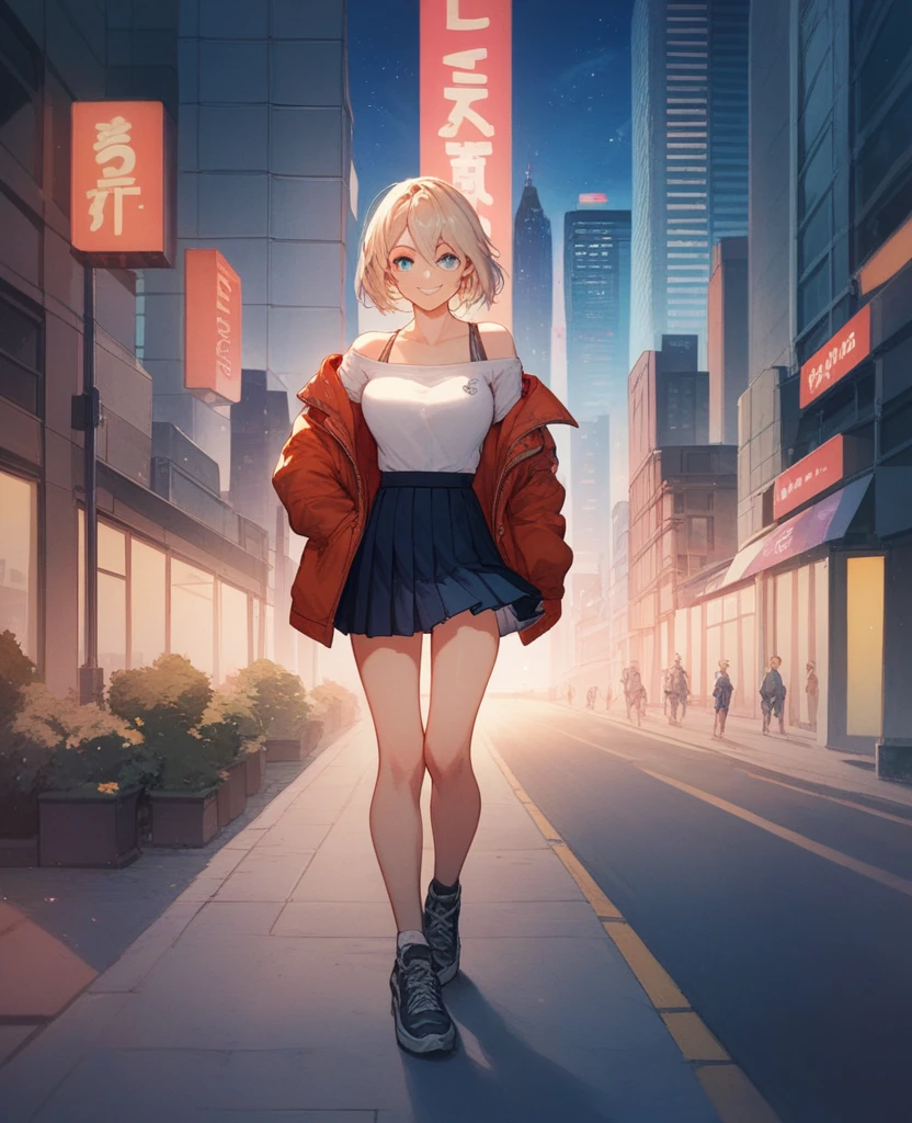 1girl, black_skirt, blue_hair, building, city, cityscape, hair_between_eyes, jacket, looking_at_viewer, medium_hair, multicolored_hair, multiple_boys, night, off_shoulder, outdoors, pleated_skirt, road, shirt, skirt, skyscraper, smile, solo_focus, street, white_shirt