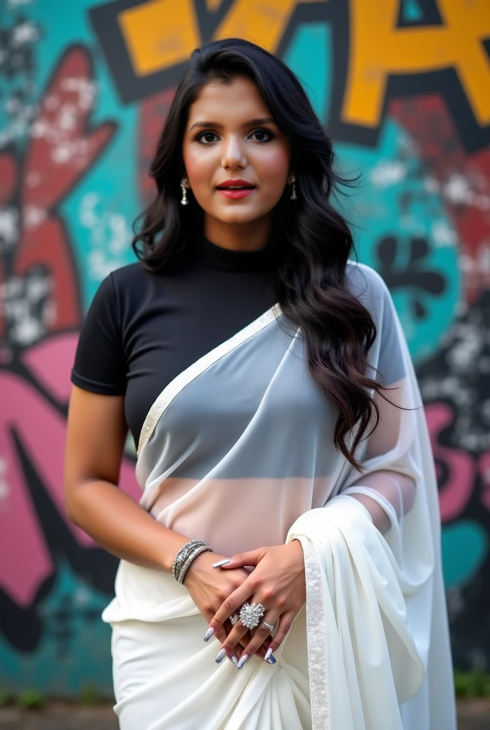 ultra-realistic photographs,Indian Instagram female model,mid 20s,9:16,mid-shot,beautiful detailed eyes,detailed lips,longeyelashes,black stylish hair, naturally full eyebrows,perfectly formed nose,expressive face,attractive appearance,confident and elegant posture,graceful movement,vibrant and colorful turtle-neck t-shirt, vibrant patterns, background, serene atmosphere,stunning architecture,soft and natural lighting,vivid colors,photorealistic,HDR,highres,studio lighting,ultra-detailed,bokeh, black crop top