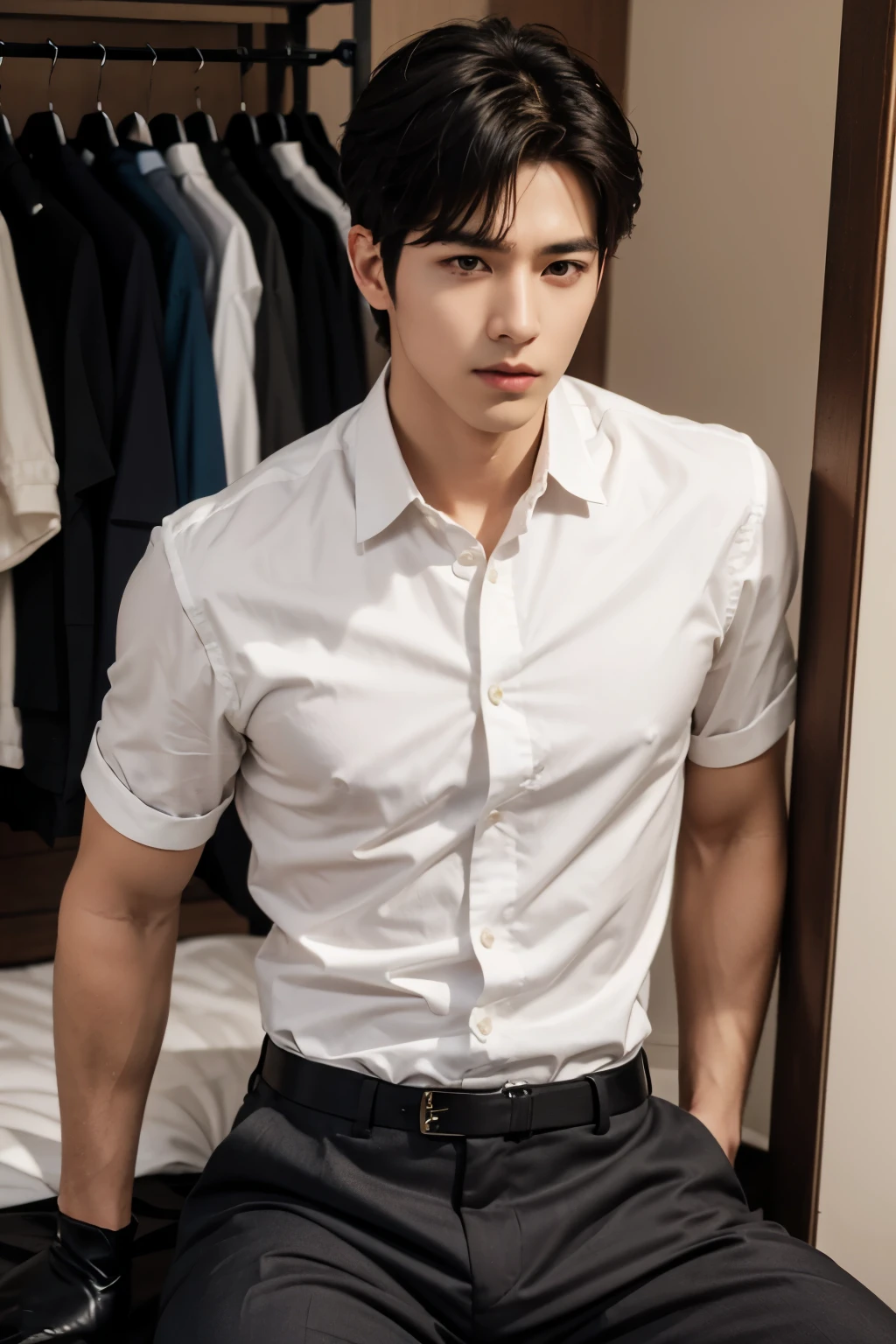 male handsome 20-year-old handsome shirt guy,looking to the camera,frontage,high qulity,tmasterpiece,8K.4K,1080P,Light-sensitive, ยิ้ม, ,มุมกว้าง