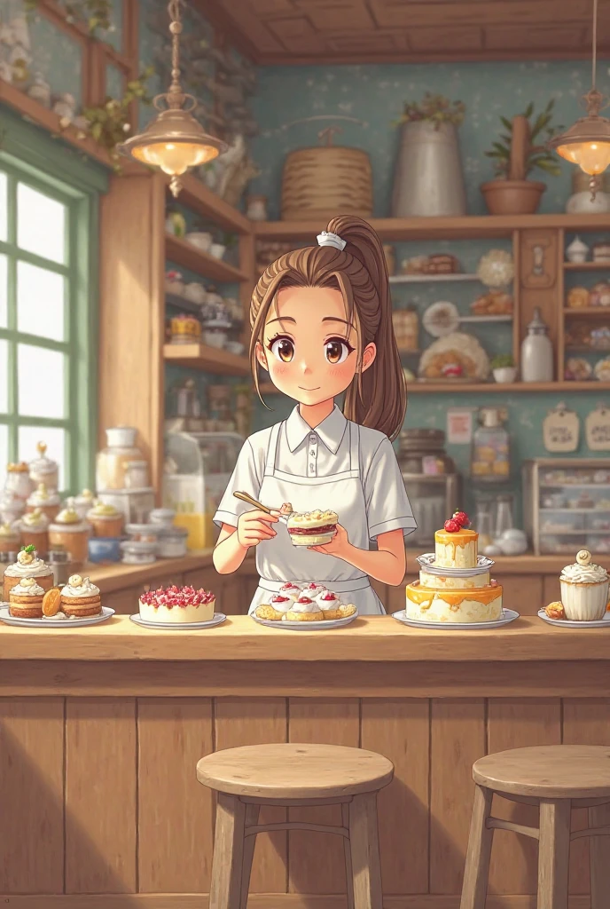 Ghibli、cafe clerk、 making cakes 、ponytail