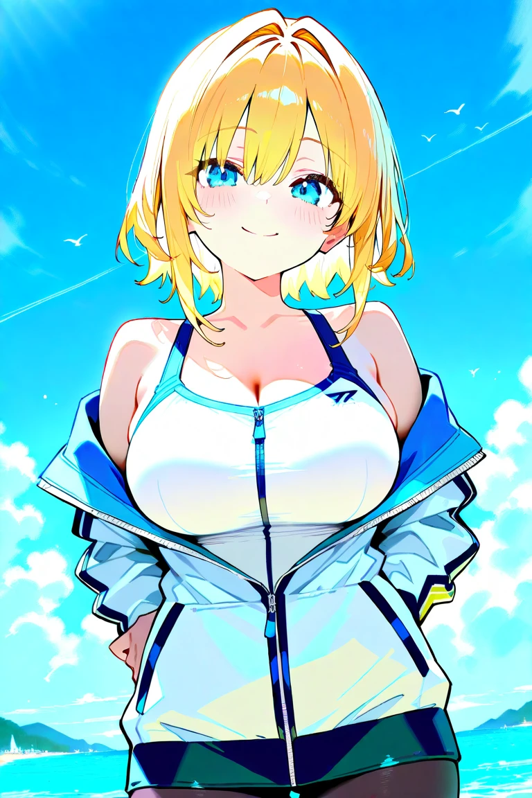 （（super high quality,Ultra-high resolution,16K,super masterpiece,Ultra HD,Ultra high definition:1.3,））One Girl,（Blonde:1.5,Short wavy hair:1.3）,Short Side Ponytail,（Butterfly Shape,Black and purple hair band:1.4,）Emerald eyes,Cleavage,sexly,（（The chest is open,tight,Light pink,Sweatsuit:1.5,））（popped collar,tight襟,Large collar,Open from neck to navel,Fine zipper:1.3,）（light blue butterfly necklace:1.2,）To the camera,Smiling happily,Close one eye, V-sign with one hand,Place one hand on hip,leaning forward with her body angled forward,sweating all over,Angle looking up from below,a blue sky with clouds and sun,Water splashing from the side,