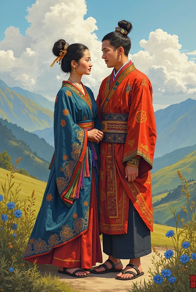 Female and male people of Bhutan with formal dress