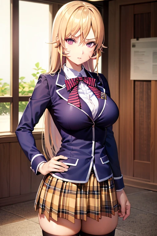 8k,masterpiece, BSET quality,huge 、Upper body only、（One Girl）、Glowing Skin、Shiny big、 ((Highest quality))、 Sharp focus:1.2、Highly detailed face and skin texture、Detailed eyes、Perfect Face、Perfect body、art、Hmph、Blur the background、large chest with presence、20-year-old,Mature, cool and beautiful face、(Aerina, Long Hair, Red Bow, Striped ribbon, blazer, Blue jacket, Long sleeve, Checked skirt, Brown Skirt, Black knee socks)