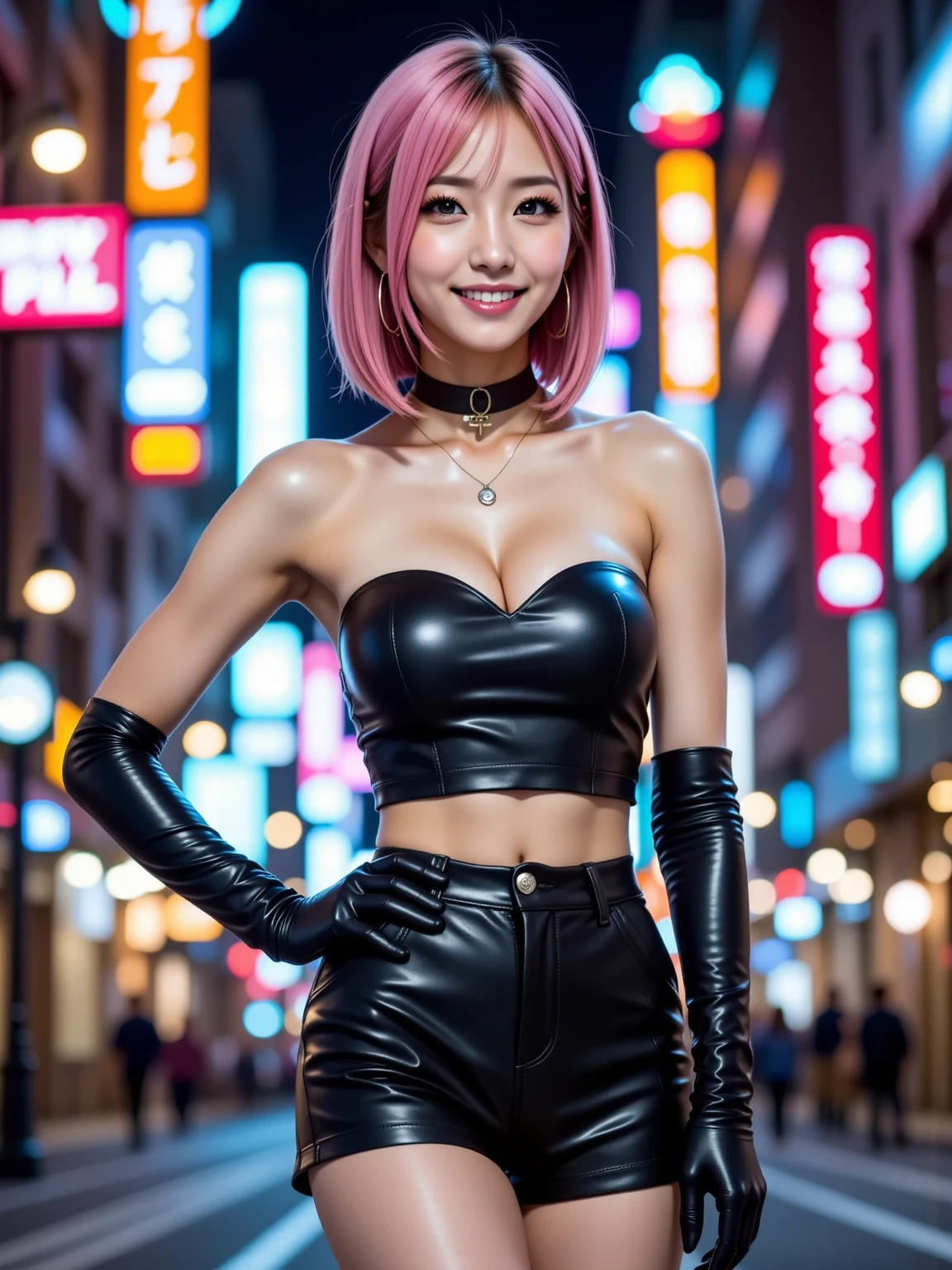 Browsing Caution、Female Idols、smile、Ezvian everywhere、、Shiny latex mini skirt（Neon Fuchsia)、(Multi-colored medium hair)、Conceptual Art, high quality, Realistic, Very detailed CG synthesis 8k wallpaper, Very detailed, High resolution raw color photos, Professional photography, Realistic portrait, Cinematic Light, Beautiful details, Very detailedな, Attention to detail, (((Bokeh))), Written boundary depth, illumination, Neon Street, Super stylish lighting
