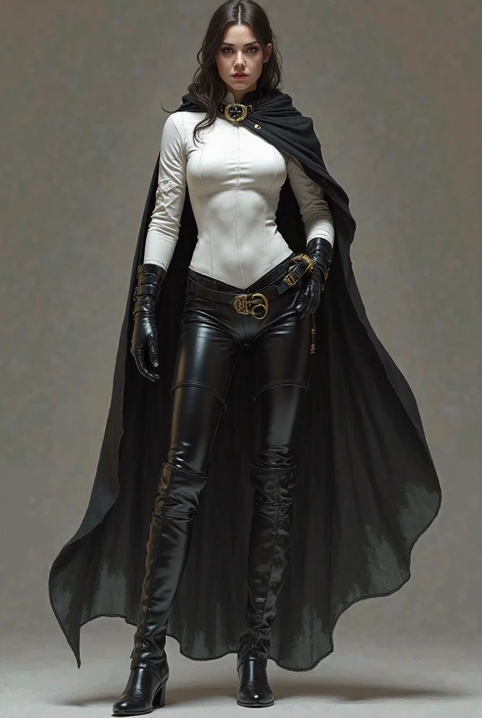 (masterpiece, best quality:1.2), from below, solo, 1girl, ozen, expressionless, closed mouth, looking at viewer, hands on hips, black jacket, cape, black pants, black gloves