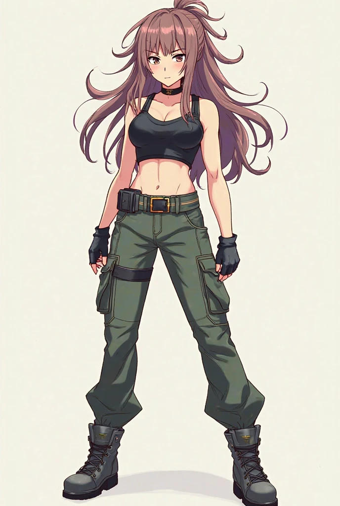European and American cartoon characters, original character design, hand-drawn drafts, 1girl, solo, jewelry, beanie, earrings, pants, hat, navel, shoes, midriff, long hair, breasts, hand on hip, white background, hoop earrings, crop top, green pants, full body, blush, simple background, sneakers, brown hair, medium breasts, tank top, red hair, baggy pants, cleavage, comics render, illustration, 2d character, (<lora:mhk_comics:1>), flat render, outline, master piece, intricate, (simple background, black background:1.5), rim lighting, dimlight