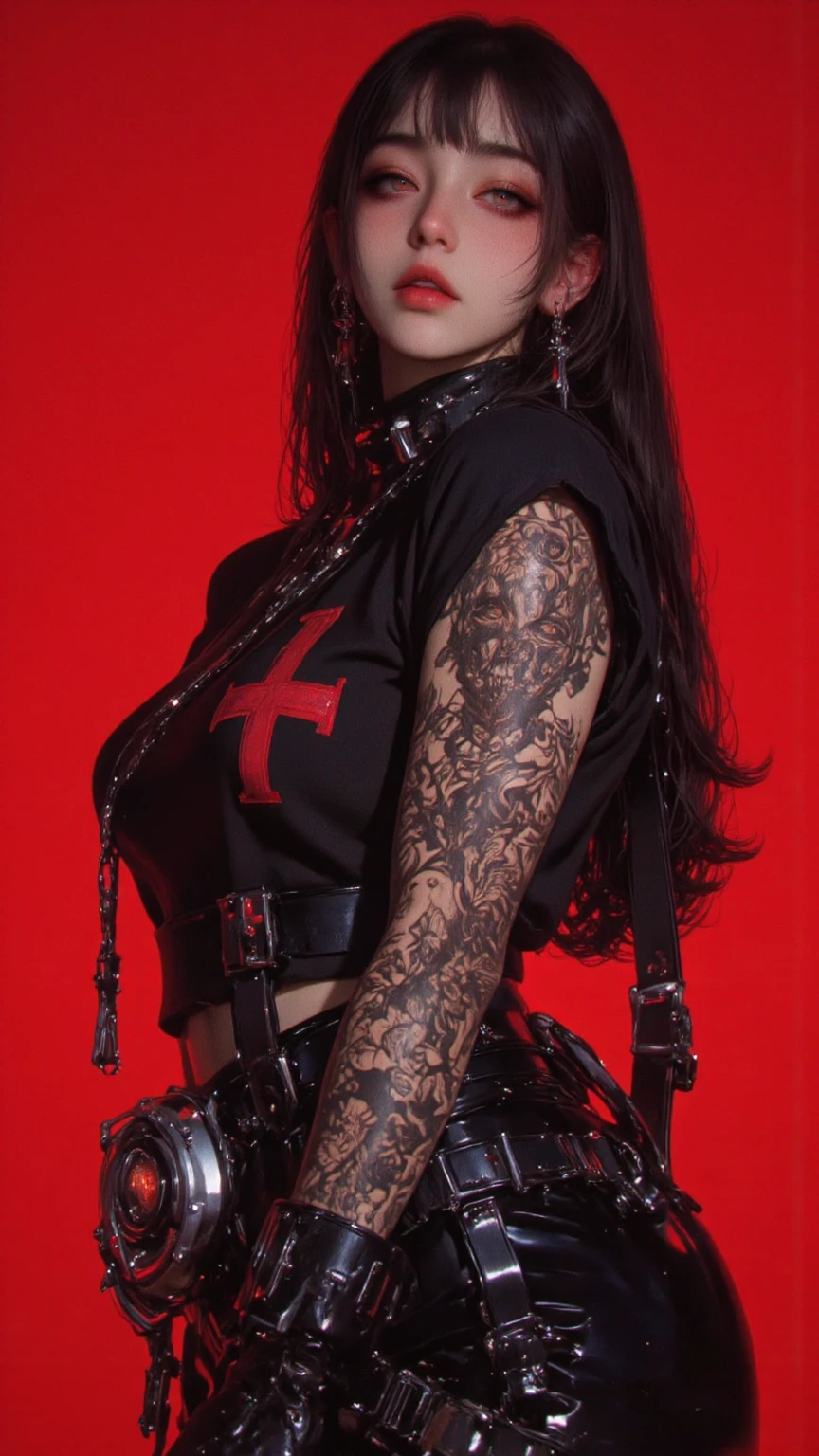 Draw an Asian female character called Mya Aeon, dressed in the style of singer Destroy X from the band Angelspit