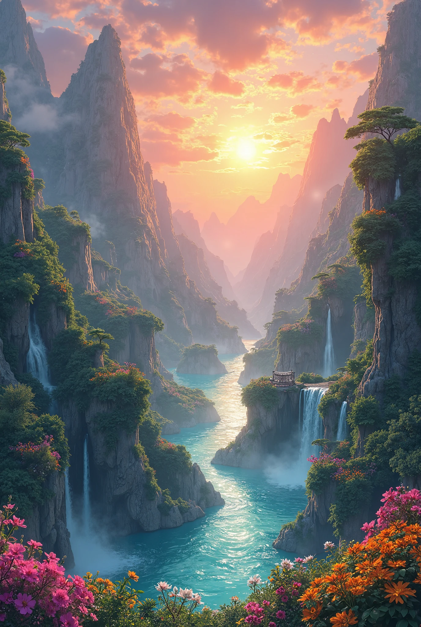 A stunning, high-resolution fantasy landscape during golden hour — floating mountains covered in lush greenery, waterfalls flowing into glowing crystal lakes, ancient stone ruins surrounded by colorful flowers, gentle mist drifting through the scene, warm sunlight beaming through enchanted clouds, hyper-detailed, cinematic, magical atmosphere, fantasy art in a dreamy, anime-inspired style