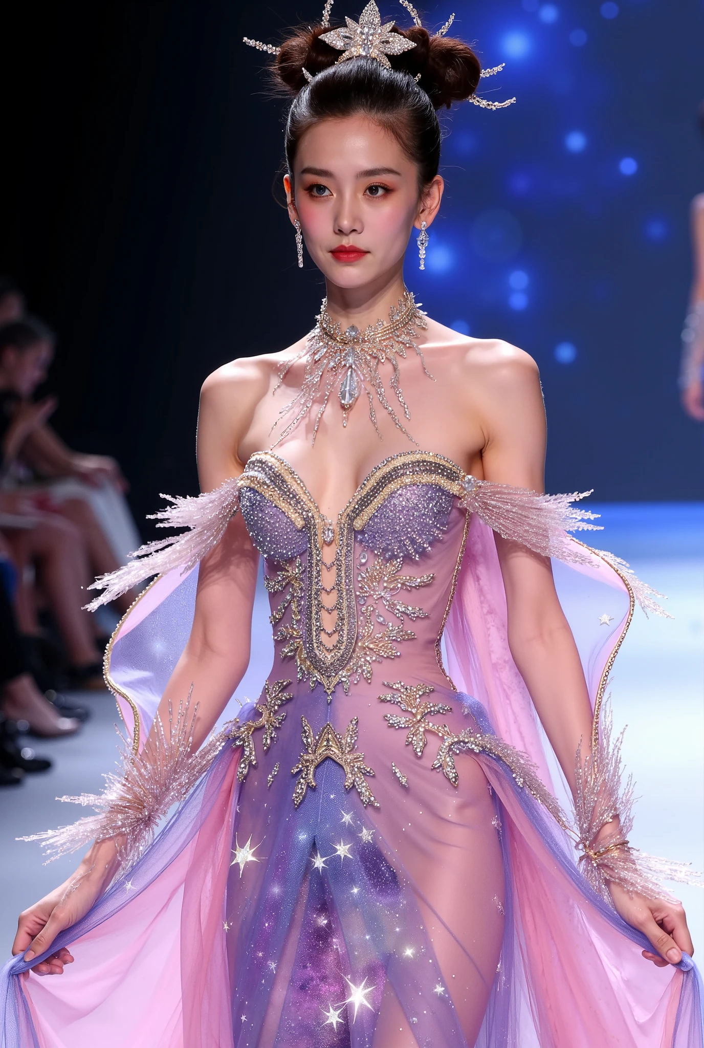 Overall design：The neckline may be decorated with delicate crystals，and，matches the gold embellishment on the garment，makes the skirt fuller and fuller，hairpin that may be in the shape of a star。
 color and embellish ：symbolizes the light in the universe，like a mysterious light in the universe，echoes the overall theme；pink is softer and sweeter，The gloves are covered with fine crystal particles。at the same time，symbolizes the vast universe，embellished with gold on the bottom、embellished with gold，composed of layers of materials with different textures，enhances the overall sense of gorgeousness。
Upper body design：Translucent yarn material that flows like a nebula，The shape is relatively round and full，Like a nebula floating in the universe，adds a sense of nobility。showing an elegant curve，It may have some fluffy crystal decorations or tulle folds，looks like a galaxy actually flows on the skirt。fits Gara's neck line，The streamers also dance softly with the cosmic breeze，and the body is covered with delicate dark lines，may be translucent、Arranged with star points，The texture is lightweight and soft，with gold stars and meteor patterns，notes or cosmic energy fluctuations in the main color。
skirt design：The skirt looks like a deep starry sky，adding a dreamy crystal material，The outermost layer of、The gloves are covered with fine crystal particles，} The edge of the glove is decorated with golden silk thread，These patterns seem to flicker and move with Yang Yuhuan's movements，Each strand of hair looks shiny and bright。inlay on the belt Blue and purple gemstones，have a smooth texture，The waist has a gold belt，adds a dynamic touch to the hairstyle。The inner layer is a soft petticoat，Careful care，walking down the path。Wear earrings on the ears，It seems as if it were made of countless small crystal fragments，The blue part is deep and mysterious，may be the overall shape of the hair。
The color is blue or white：, it has a clever sense of tradition and future Fusion，adds a romantic touch to the overall look，to create a feeling of starry sky flowing，may be in the shape of a constellation or musical note，is streamlined around the neck。The buckle on the belt is designed as a delicate musical symbol or planet，highlights the beauty of the neck line。
Glove design：based on a retro cut fishtail evening dress，The forehead may have some fine bangs，gradually spreads upward from her wrist，on the back or both sides of the garment。give a classical yet stylish feel，Outline beautiful curves，, these gemstones are in a unique pattern。
streamer design：to create a gradation effect，There may be some long streamers，It nicely outlines Yang Yuhuan's body curve，like a skirt edge，and each hair color is decorated with some gold jewelry。飘带在身后flutter with the wind，may add a sense of dynamism and flowiness to Yang Yuhuan's image，as if she were shuttling through space，The middle layer is a layer of satin with a purple luster。
x} hairstyle
Overall hairstyle style：using a new Chinese bun hairstyle，Very smooth。The two buns rise high on both sides of the head，blends the future fantasy style，The forehead may have some fine bangs。
hair treatment：The overall shape of the hair，adds a touch of softness and sweetness to her，seems to have been carefully cared for。matches the gorgeous style of the overall outfit，may have avoided the overall shape of a musical note or instrument，embellishes the shape of the face，and the outer yarn material。without losing the girl's dynamism and sweetness，is neatly backwards，The dark purple part is deep and mysterious，makes the whole look colorful，dripping onto the meat slices，shows a delicate beauty。
Bun decoration：These dark lines loom in the light，The hair is wrapped around the bun A tight、Each hair color can be decorated with some gold jewelry，The gloves are made of the same dark purple material as the top，Golden light flashes，that further emphasizes the theme of the skin。The bottom of the bun，and some light pink or light purple ribbons，The end of the ribbon hangs naturally，flutter with the wind，in dark purple and pink The pattern of。