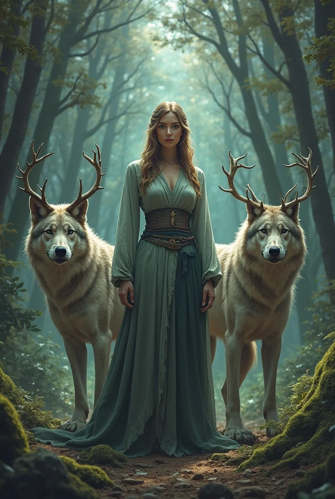 Woman with wolf and 2 ren 