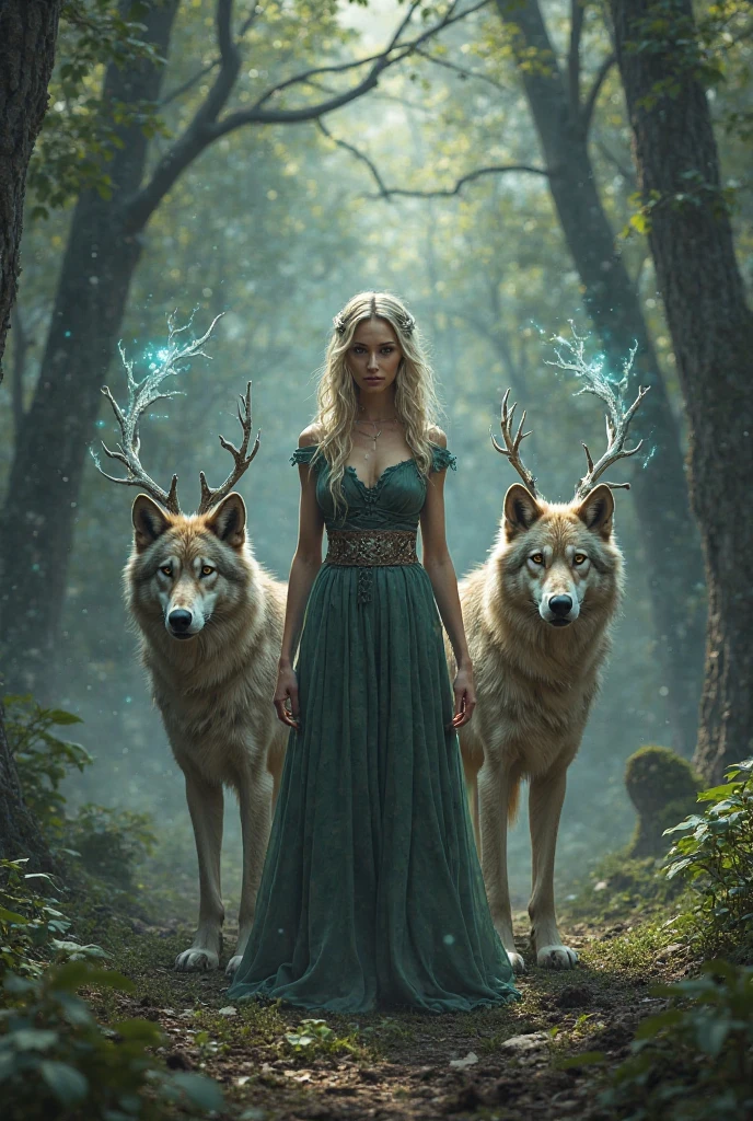 Woman with wolf and 2 ren 
