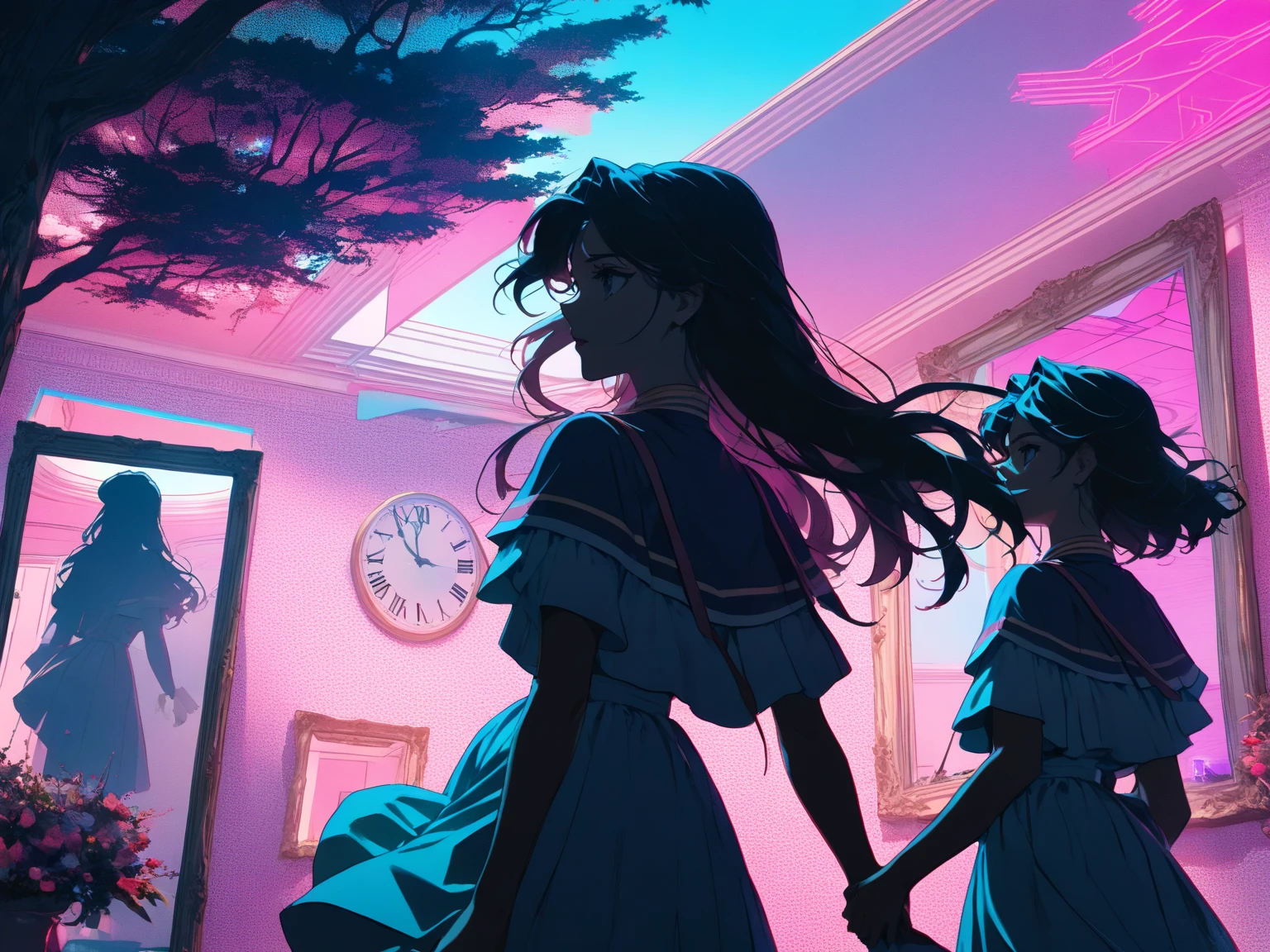 (Shoujo Kakumei Utena Style shadow picture:1.5),(sシルエット) ,(vaporwave:1.5),Cyber nostalgia explosion,Glitch Effects,pink gradation, (masterpiece, best quality:1.2, 8k,16k,high-resolution,(Mirror clock:1.3)（Dark Forest:1.3),Fantasy World、It suddenly happened one day, and the beginning was a letter, and the sender lived a long time ago, such a mysterious encounter

There are things like this in my time now, and we live like this, a romance that somehow blossomed while we were putting it into letters and communicating with each other

Words spelled from each of our worlds that we will never meet without even knowing how to solicit feelings

I'm always waiting impatiently for your words, I live in a different era, but I want to communicate with you over and over again if your wishes come true, I want to meet you because it's fine at first sight because I like you

What I suddenly remembered was the era you live in, what will happen tomorrow, if I have to tell you sad things, please wake up, miracle

Passing by and the changing seasons, letters that have been interrupted since then, only words that don't arrive anymore tighten my heart

I'm still walking in the future that you wanted to see 100 years far away, now I'm still walking, the letter that arrived to me with painful feelings in my heart looks familiar and the characters I've been waiting for

It's the last love letter you wrote to me beyond that day, I'll hold on to the proof that you lived in your time even after eight generations, and I'm going to tell you all that I see in my time someday
