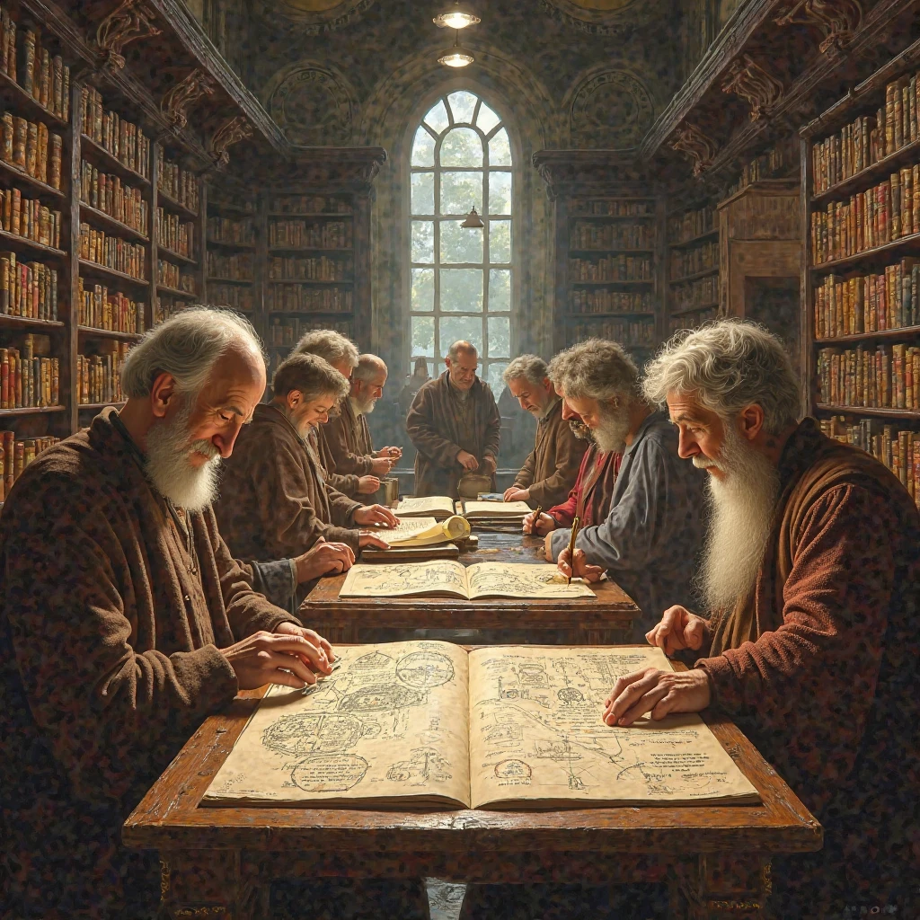 Scientific development of the book, drawings, formulas, the flow of knowledge of antiquity