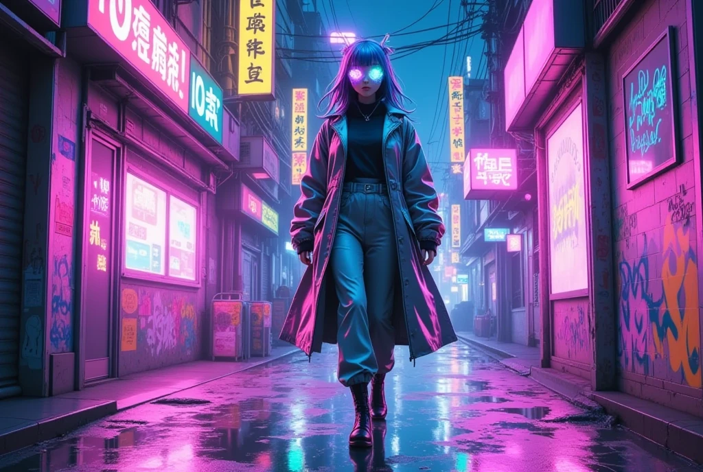 A digital art illustration of a lone figure, clad in a futuristic trench coat, walking through a rain-soaked alleyway in a retro-futuristic city. The scene is bathed in a neon pink and purple gradient, creating a melancholic and nostalgic atmosphere. Glitch effects distort the image, adding to the sense of digital decay and vaporwave surrealism. The figure's face is obscured by a holographic mask, reflecting the neon lights of the city. The alleyway is filled with graffiti and pixelated patterns, reminiscent of 1980s cyberpunk aesthetics. The illustration is rendered in a high-resolution, 8K format, capturing the intricate details of the figure and the atmospheric lighting