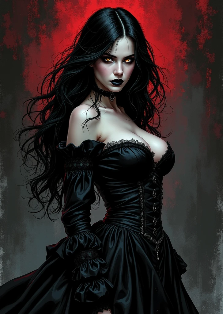 vampire, long black hair, middle ages, noble sexy clothing of the middle ages, blood in the mouth, slight smile, in a placio room, large window with night views, dim light, sepia tones,(art inspired in Bill Sienkiewicz). oil painting)
