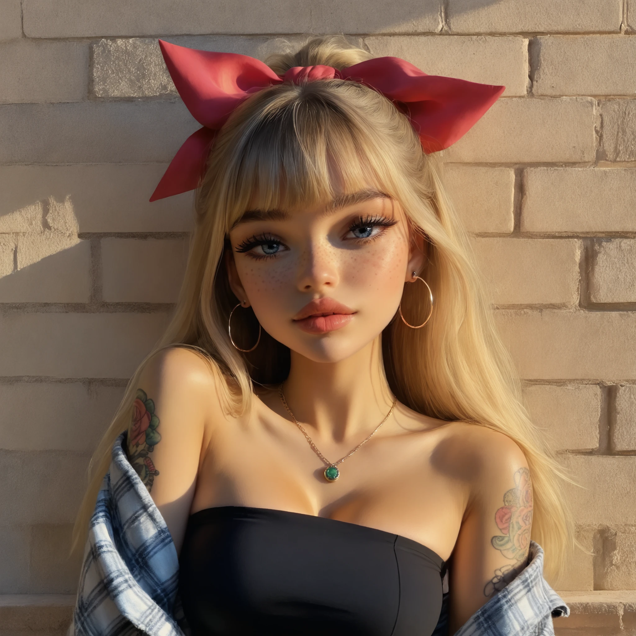 24 year old girl, cigarette in mouth, close up, 1girl, Solo, full juicy lips, glossy lips, High Resolution, looking at viewer, Bangs, Hair Bow, Masterpiece, High Resolution, Anatomically Correct, Detail, High Details, High Quality, Hoop Earrings, cute freckles, seductive expression, plaid Hair Ribbon, Jewelry, Hair Clip, Backlighting, Bloom, Cinematic Lighting, God Rays, score_9, score_8_up, score_7_up, cinematographic film image, pale skin, blonde, influencer, model, beautiful, heavy mascara, heavy eyeliner, nose blush, freckles, tube top, tattoos, slender, slim, blue eyes, leaning against brick wall, elbows on knees, large breasts, dark makeup, black choker, large hoop earings