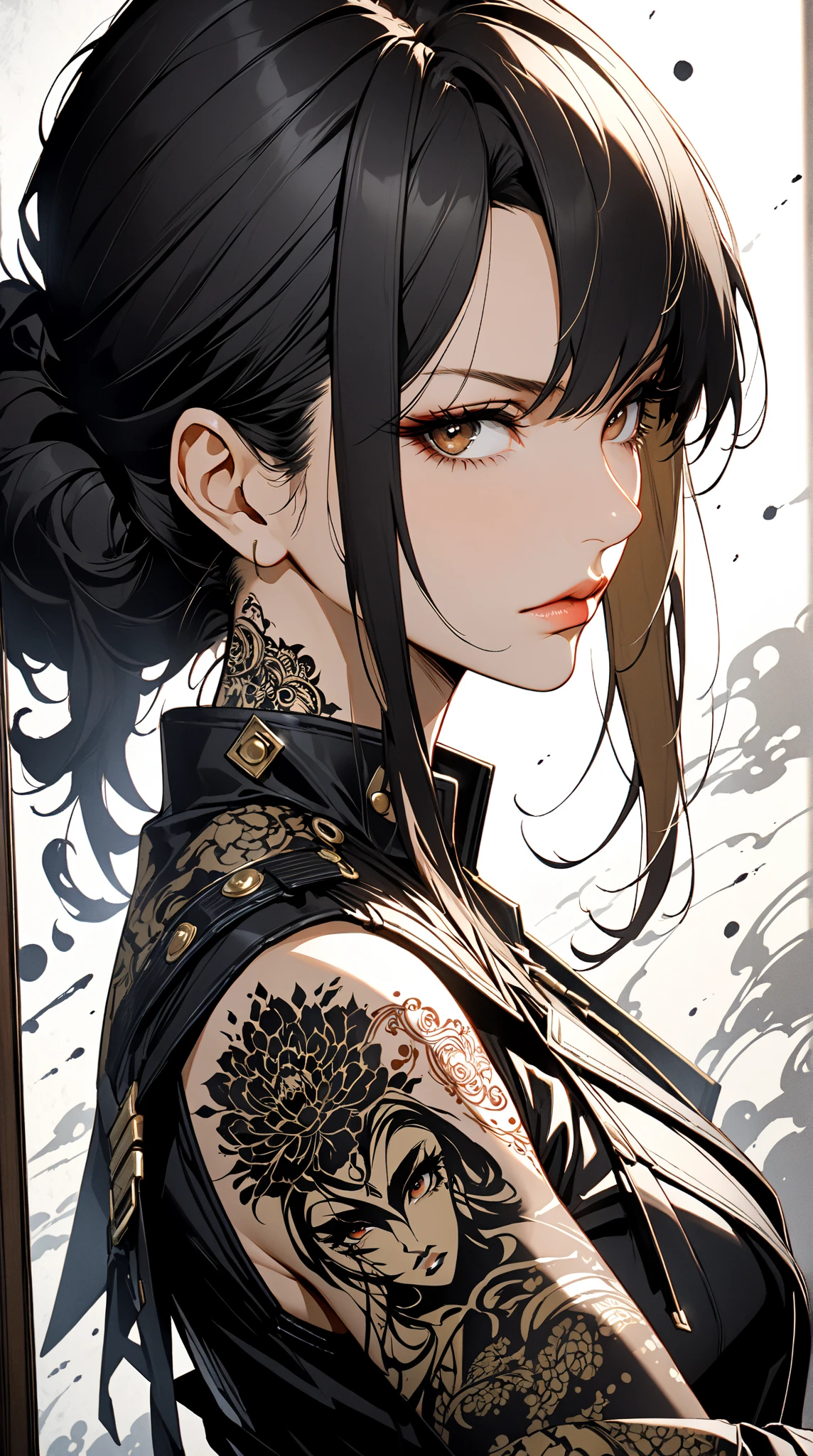 ck-mgs Style, nistyle, 宣紙上的Ink Print 藝術,  dark brown , Henna, Silhouette Art , gorgeous, Ink Print , closeup portrait, Female Space Pirate, Gangster, in, Bodyweight Arm, with flowing black hair, Reflection Art, gorgeous, Ink Print , closeup portrait, Female Space Pirate, Gangster, in, Bodyweight Arm, with flowing black hair, 反光的黑色和霓虹紅色armor, armor, in, Shoot handsome poses