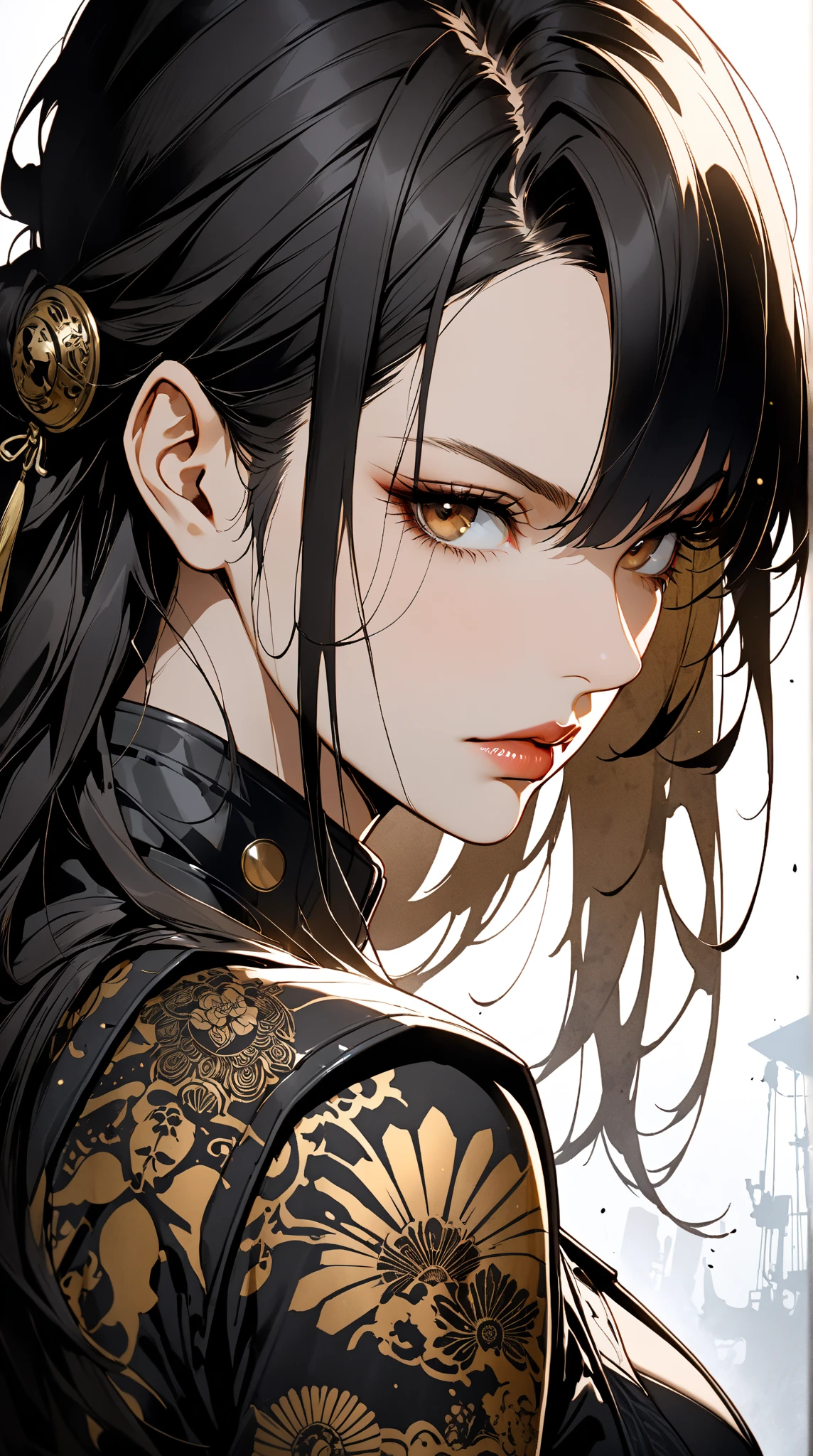 ck-mgs Style, nistyle, 宣紙上的Ink Print 藝術,  dark brown , Henna, Silhouette Art , gorgeous, Ink Print , closeup portrait, Female Space Pirate, Gangster, in, Bodyweight Arm, with flowing black hair, Reflection Art, gorgeous, Ink Print , closeup portrait, Female Space Pirate, Gangster, in, Bodyweight Arm, with flowing black hair, 反光的黑色和霓虹紅色armor, armor, in, Shoot handsome poses