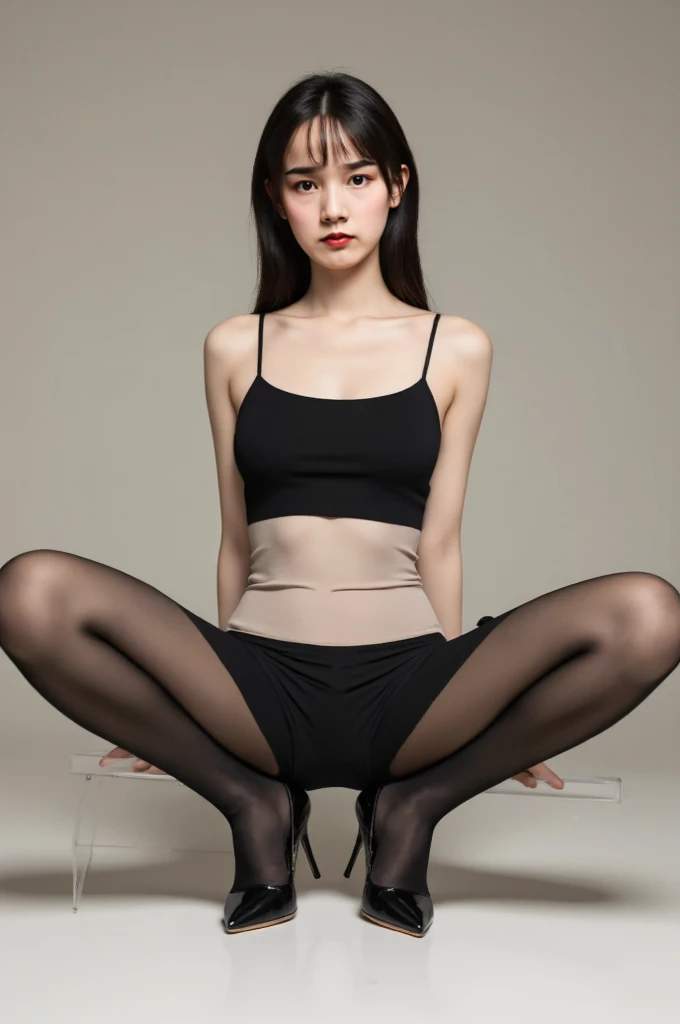 (original photo:1.2), (lifelike:1.4),Beautiful Delicate woman,The eyes and face are very detailed., Exquisite eyes, Super detailed, High resolution, Very detailed content,best quality,Implications,Unite,8K Wallpaper,masterpiece,best quality,A woman,Delicate woman,red lips,Exquisite makeup,Gold halter top,Wear only flesh-colored pantyhose:1.5,High heel,Elite ladies,Full body female love,High heel, Open legs pose:1.5, Spread your legs apart:1.5,Frontal body photo:1.5,slim girl photos, Correct human anatomy,Correct body proportions,nice shoes,Show the inner thigh:1.5,Perineum clear,Put your hands behind your back:1.5,Two Legs,Two hands
