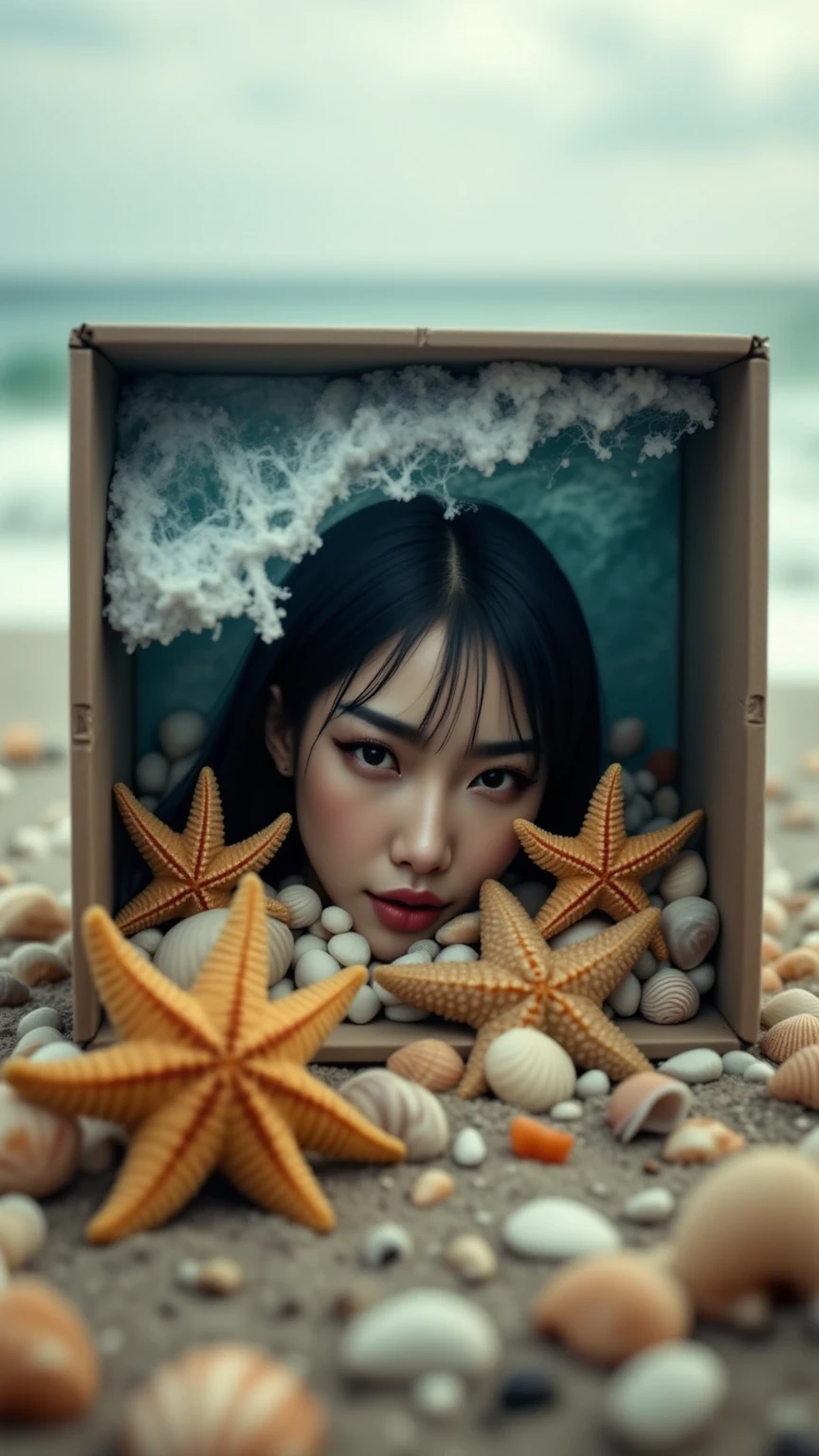 Inside the box seen by a huge woman from beyond the box wall,The world in the box, beachfront,Wave ,starfish,seashells,in real life,4k High Resolution ,hyperrealistic,physics-based rendering,expert level,Intense Color,HDR,Bokeh Effect