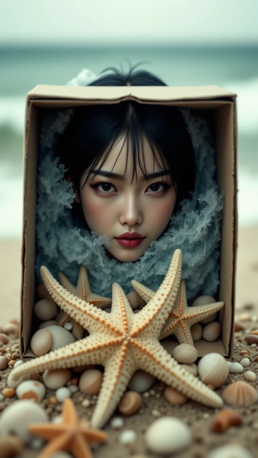 Inside the box seen by a huge woman from beyond the box wall,The world in the box, beachfront,Wave ,starfish,seashells,in real life,4k High Resolution ,hyperrealistic,physics-based rendering,expert level,Intense Color,HDR,Bokeh Effect