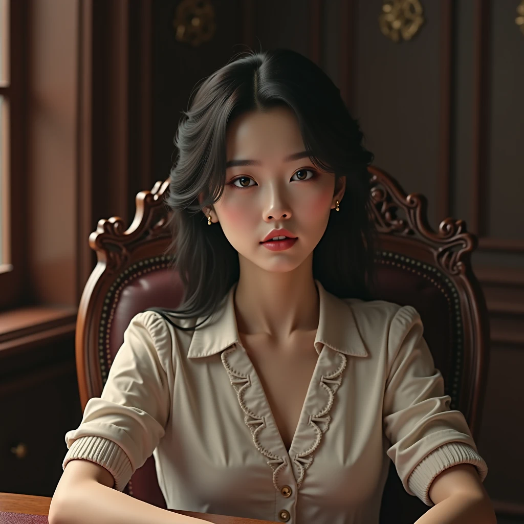 A very beautiful Korean girl sits at a fancy desk and sits in front of me