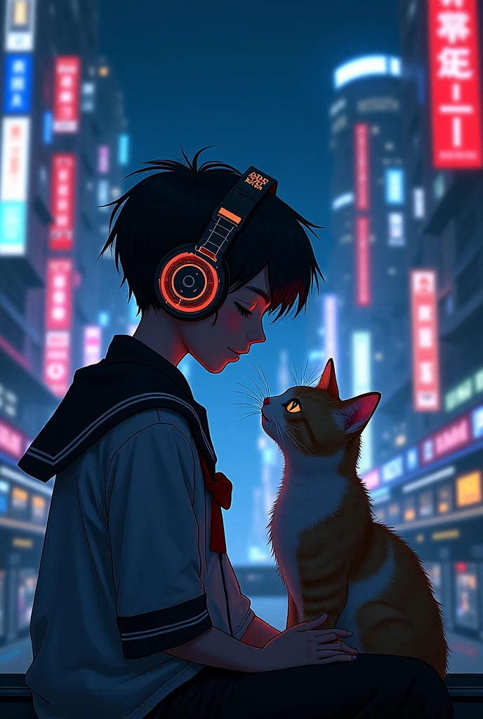 Cyberpunk、headphones、Ghibli Face、sailor suits、、night、Touching a cat