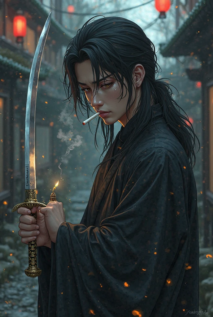 Man standing tearful, black long-haired ager in right hand holding samurai sword, left hand, lighter, in cigarette mouth stuck, japanese anime