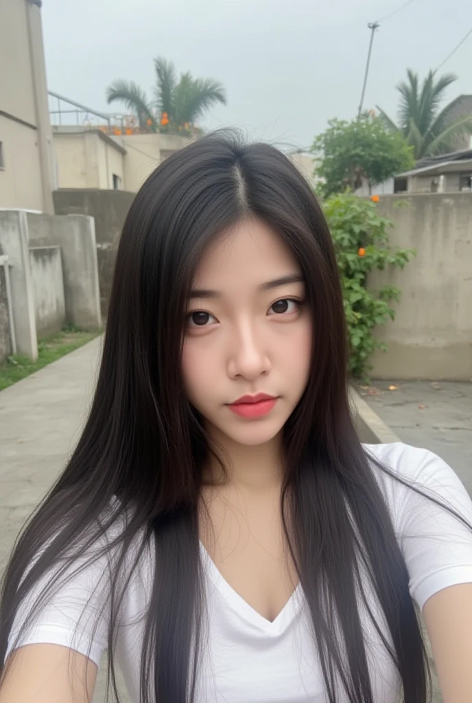 Thai Woman, look at viewer, long hair, school uniform, in street, cloud, day, sky,outdoors, post-apocalypse, ruins, scenery, tree, huge breast,