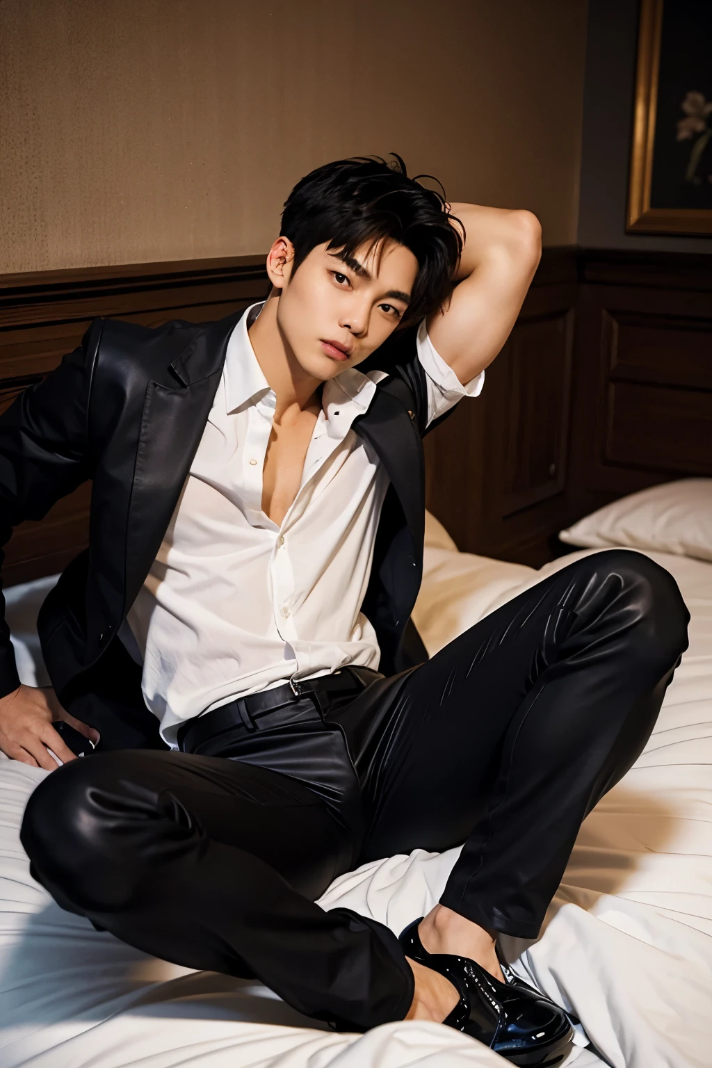 (Handsome Chinese guy:1.5),sitting in office,Face the computer,Tap Keyboard,sexy rubber bodysuit,Realistic photos,Brush cut,Textured skin,looks into camera,18-year-old boy,Studio,danshi koukousei,Muscle role,Perfect shadow body,Gigachad muscle,The trend is at CGSTATION,Hero male pose, , bare thighs , sexy , nsfw, topless , bondage collar , full length shot(fls)