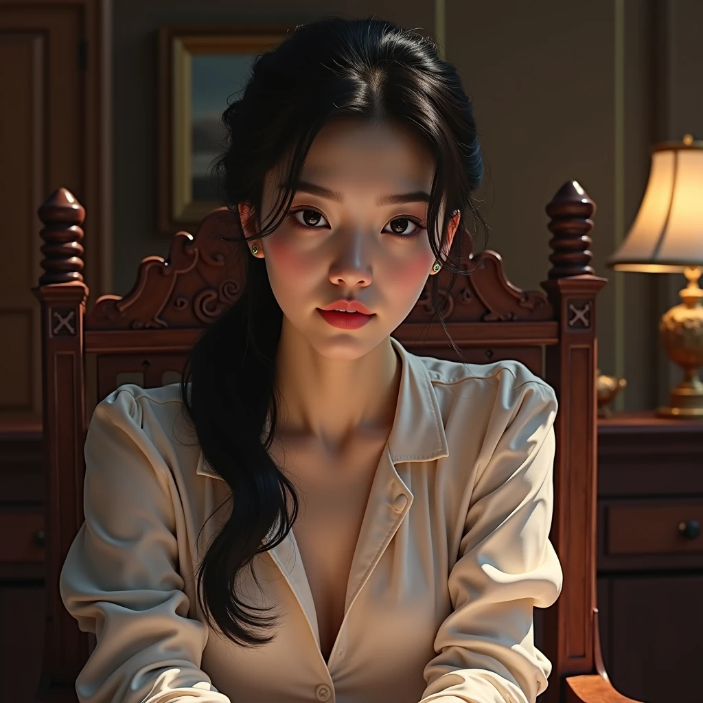 A very beautiful Korean girl sits at a fancy desk and sits in front of me