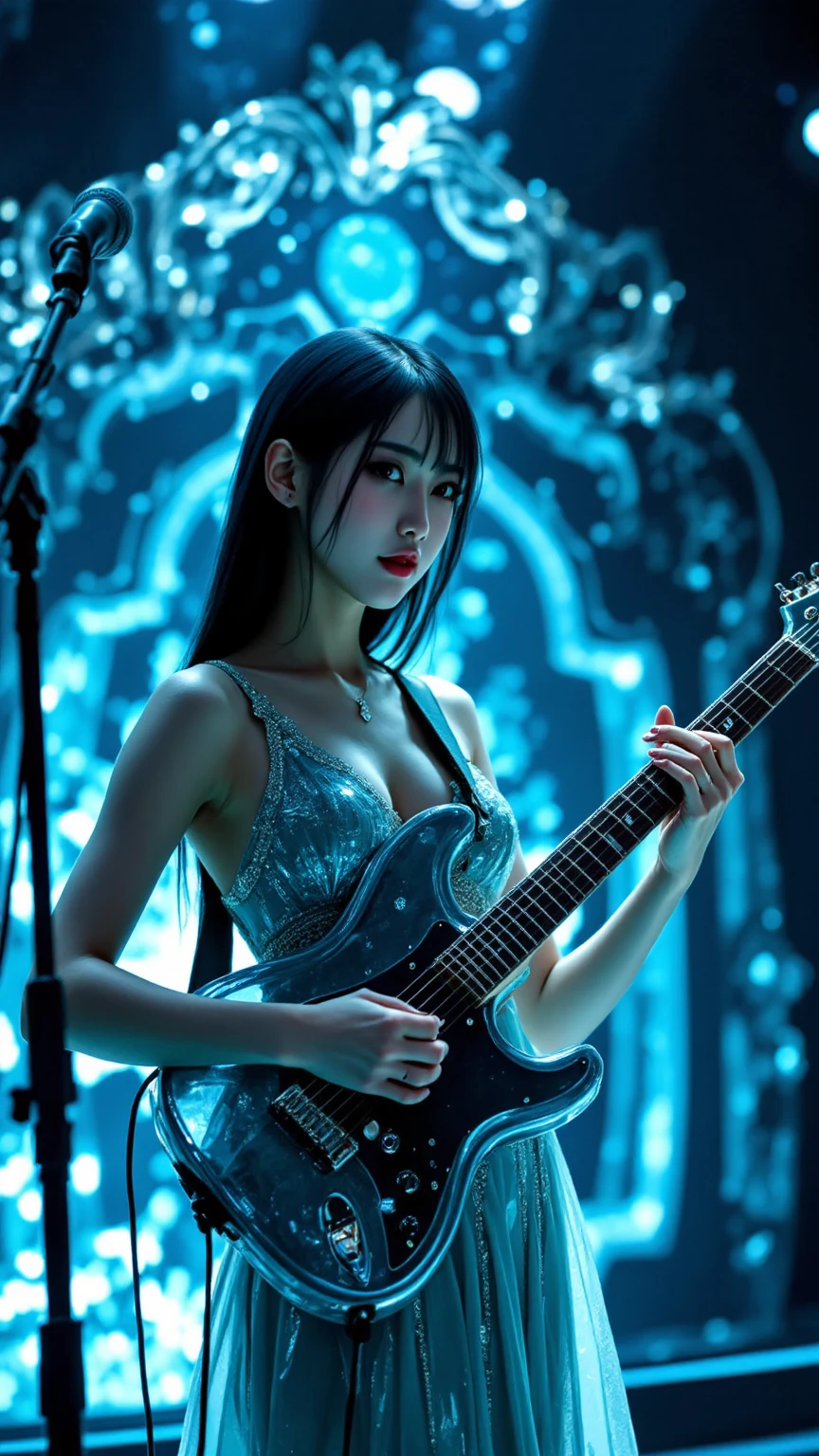 A woman playing guitar on a huge, ornate stage, A glass stage made entirely of glass , glass guitar, glass dress, Realistic and detailed, High definition 4k, Professional lighting effects, Realistic depiction , vibrant colors, Photo-like focus , HDR, Realistic glass texture , Dramatic lighting , fantastic atmosphere, Woman in an attractive pose , Detailed facial expressions and details , Professional photography style 