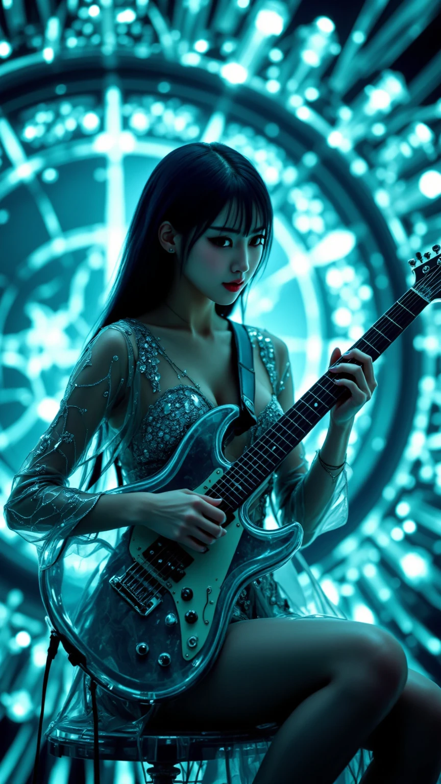 A woman playing guitar on a huge, ornate stage, A glass stage made entirely of glass , glass guitar, glass dress, Realistic and detailed, High definition 4k, Professional lighting effects, Realistic depiction , vibrant colors, Photo-like focus , HDR, Realistic glass texture , Dramatic lighting , fantastic atmosphere, Woman in an attractive pose , Detailed facial expressions and details , Professional photography style 