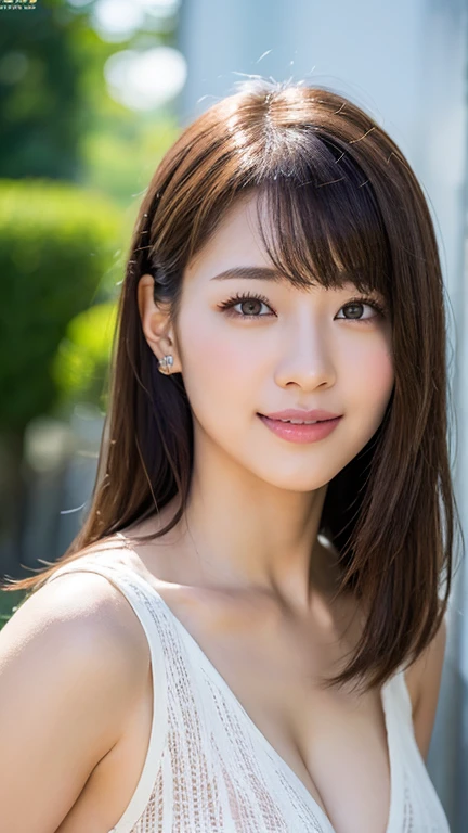 masutepiece, Best Quality, Illustration, Ultra-detailed, finely detail, hight resolution, 8K Wallpaper, Perfect dynamic composition, Beautiful detailed eyes,droppy eyes, Women's naked Fashion Summer.bare shoulders,Medium Hair,medium breasts,cleavage ,natural color lip, Bold sexy poses,toothy Smile,Harajuku、20 years girl、Cute、Sexy shot looking at camera