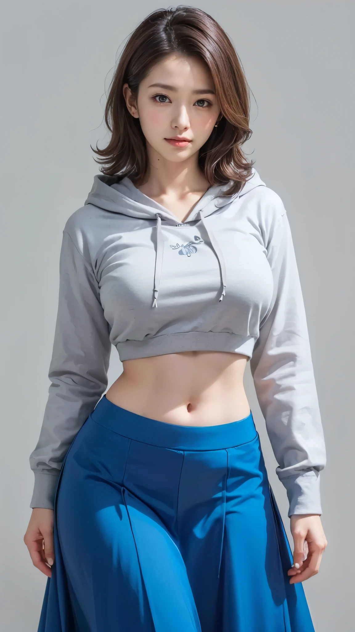 18 years old, Cute type, Young face, Big round eyes, Troubled face, Japanese Girls ,  (smile:1.2),  Gym suit, (Blue long sleeve hoodie), Food , (nude), Thin thighs,Thin waist, Thin thighs, Thin legs, Long legs, Very short hair , Short Bob, slender body, (High color saturation:1.0),  (Very detailedな肌), (highest quality:1.0), (Ultra-high resolution:1.0) ,(Realistic:1.0), (Very detailed:1.0), (8k, RAW Photos:1.1), ((locker room:1.3)),inverted nipples,