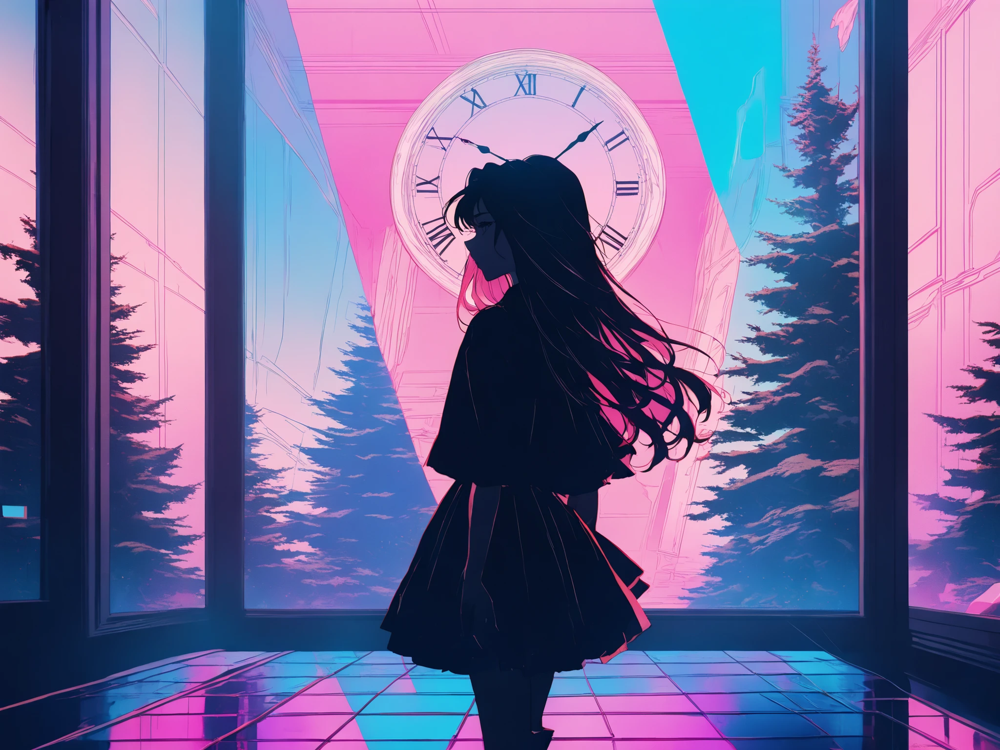 (Shoujo Kakumei Utena Style shadow picture:1.5),(sシルエット) ,(vaporwave:1.5),Cyber nostalgia explosion,Glitch Effects,pink gradation, (masterpiece, best quality:1.2, 8k,16k,high-resolution,(Mirror clock:1.3)（Dark Forest:1.3),Fantasy World、It suddenly happened one day, and the beginning was a letter, and the sender lived a long time ago, such a mysterious encounter

There are things like this in my time now, and we live like this, a romance that somehow blossomed while we were putting it into letters and communicating with each other

Words spelled from each of our worlds that we will never meet without even knowing how to solicit feelings

I'm always waiting impatiently for your words, I live in a different era, but I want to communicate with you over and over again if your wishes come true, I want to meet you because it's fine at first sight because I like you

What I suddenly remembered was the era you live in, what will happen tomorrow, if I have to tell you sad things, please wake up, miracle

Passing by and the changing seasons, letters that have been interrupted since then, only words that don't arrive anymore tighten my heart

I'm still walking in the future that you wanted to see 100 years far away, now I'm still walking, the letter that arrived to me with painful feelings in my heart looks familiar and the characters I've been waiting for

It's the last love letter you wrote to me beyond that day, I'll hold on to the proof that you lived in your time even after eight generations, and I'm going to tell you all that I see in my time someday