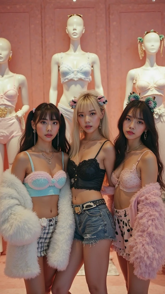 Underbust:1.55、((Spread your legs))、Browsing Caution:0.55、((((Three girls standing in a row))))、Very smiling、Laughing with your mouth open、((Everyone has a different hair color:1.25))、((Everyone has a different hairstyle:1.25))、Various lace lingerie、Highest quality、Ultra-high resolution、(Photorealistic:1.85)、Japanese、Beautiful Eyes、Super Beauty、Beautiful breasts、lover、Eyes that invite the viewer、loverの視点、Attractive appearance、Sexy smile、Perfect Style、Perfect balance、Detailed skin、Mischievous Gaze、I can see your chest、((Delicate photo)),(Detailed RAW photos of girls), (Tabletop:1.25), (Highest quality:1.6), (Ultra-high resolution:1.5), (Realistic:1.75), 8K resolution, Canon EOS R5, 50mm, Absurd, Ultra-detailed,Cinema Lighting,Pastel colored lingerie、Nice room、See-through underwear、See-through panties、